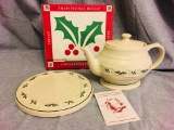 Longaberger Tea Pot Traditional Holly & 1998 Holly Trivet in box.