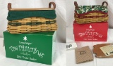 (2) 2002 Longaberger Tree Trimming Treats 1 GREEN & 1 RED Basket, Protector, Liner, Lid Tie-on (