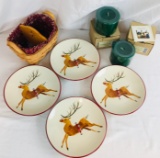 4 Longaberger Reindeer Plates, 2 Pint Size Pillar Candles, 2000 Tea Basket