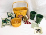 2 Mini Pillows, Boyds Collection Stocking Bear, 2 Green Pottery Vase/Mugs, Tour Basket Round Basket