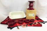 Longaberger Pottery - 1.5 QT Woven Traditions Loaf Dish, Mearsuring Cups, Woven Ceramic Candle, Rug