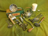 Vintage Kitchen Items. Meat Grinder, Spoons, Nut Grinder, Tea Pot, Sifter