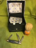 Valerio Garati Handmade 100% Silk Woven Tie w/Hanky, Cufflinks Blue Tone BUCK Knife Shaving Brush