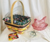 1998 Large Natural Easter Basket w/ Liner, Protector & Tie-on, PINK GLASS Hen on Nest Dish.