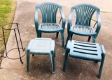 2 Stackable Lawn Chairs, 1 Foot Stool, 1 Small Table, 1 Metal Plant Stand