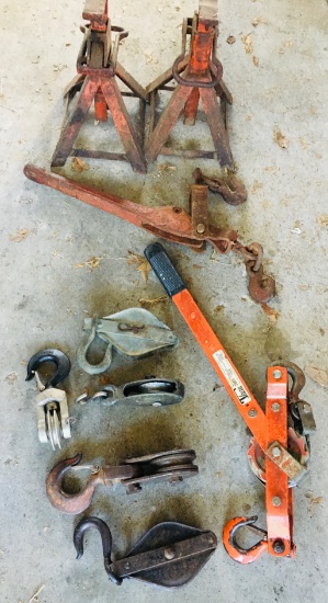 2 Jack Stands, Thern Come-Along Cable Puller Hand Winch & Pulleys