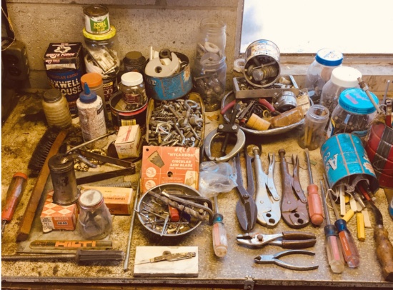 Workbench assortment. Mag Tray, Hilti, Vintage Oil Can, Nuts, Bolts and much more see pictures