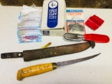 Vintage J. Marttiini Filleting Knife FINLAND w/Leather Sheath, Eagle Claw Hooks, Scaler