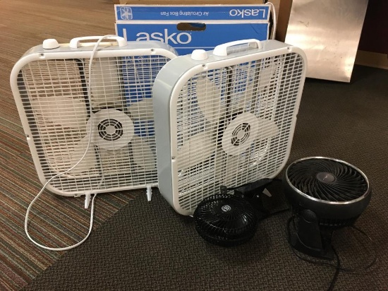2 LASKO Box Fans w/Box, 2 Directional Round Fans