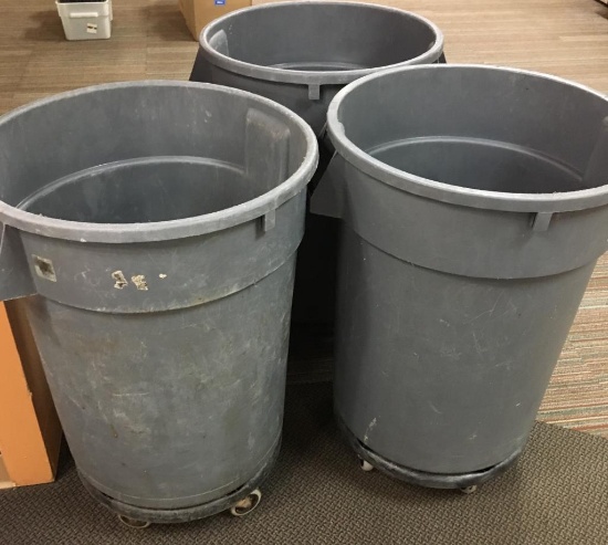 3 Gray Waste Containers Garbage Cans w/Dollies
