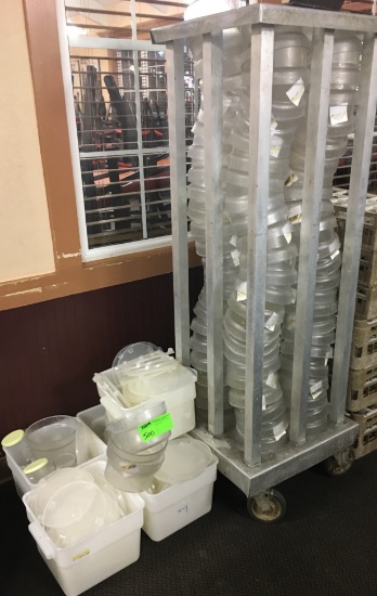 4 Section Rack Filled with Clear N7038 Continental Carlisle Containers w/ Lids & 4-11x11x8 Tub