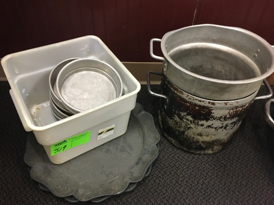 2 Stock Pots, Tub, 5 Small Cake Pans, 2 Platters