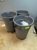 3 Gray Commercial Trash Cans with Base Dollies