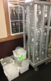 4 Section Rack Filled with Clear N7038 Continental Carlisle Containers w/ Lids & 4-11x11x8 Tub