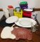 Cutting boards Tupperware A&W mug glass cake plate, platters, storage containers, coolers.