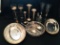 Silver plate trumpet vases, section serving dish two serving bowls and glass towers for floating