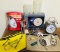 Mix of goodies in Bank Bags, First Alert, Clocks, Steel Balls, Knives, Bank