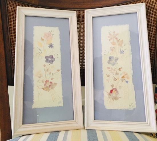 2 Framed Signed Pressed Flower & Paper Artwork