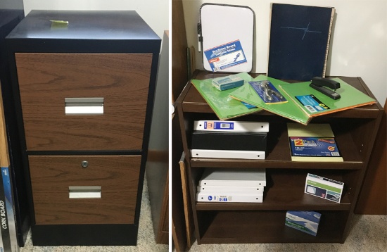 Black File Cabinet w/ 3 Shelf Bookcase and Supplies