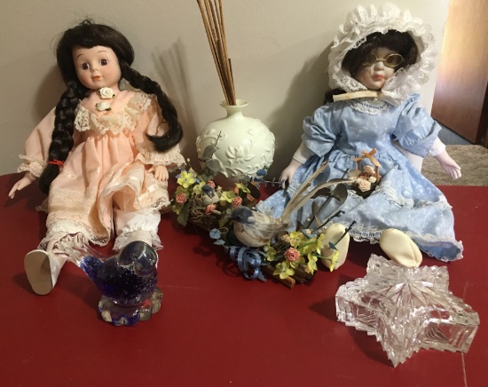Collector Dolls, Glass Bird Paperweight, Crystal Star Dish, Ceramic Oil Vase