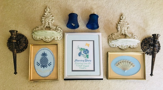 Wall Decor framed pictures two small shells two matching scones two candle holders