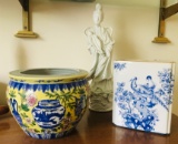 Oriental home decor. Flower pot. Blue and white vase. Statue.