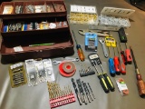 Tackle Box of Tools. Bits, Screw Drivers, Bolts, Screws, T-Square, & more