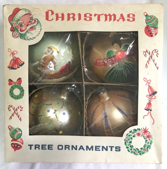 Vintage 1950's Poland Glass Hand Painted Christmas Ornaments Original Box Of 4 Marked 640 1/3 Do