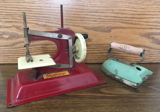 Vintage Antique Sewing Machine & Iron For Children.