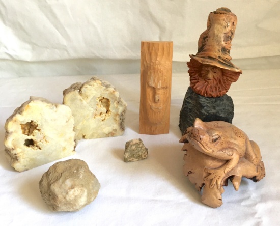 Cut & Uncut Geo Rocks, 3 Carved Small Art Statues. Yon # 1121 Man In Hat