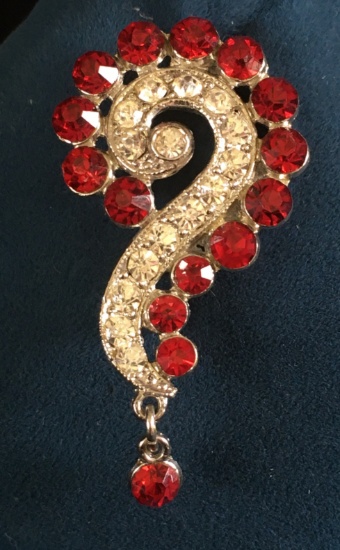 Vintage Brooch Pin Of "?" Question Mark. Ruby & Clean Crystal Rhinestones.