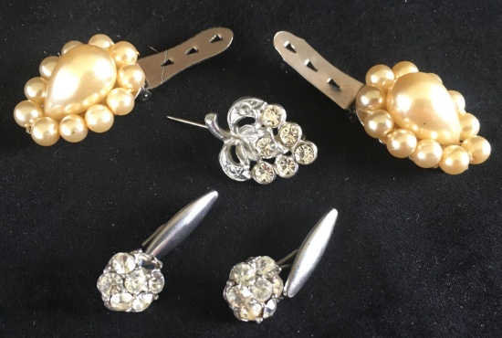 Vintage Grape Cluster Rhinestone Pin, Cluster Round Cuff Links, Pearl Tone Clips