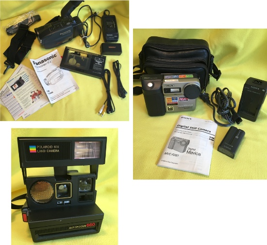 Video Camera Panasonic, Sony Digital Mavica Still Camera, Polarod 660 Land Camera