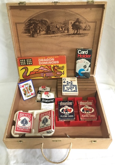 Wooden Box Of Cards And Dragon Dominoes