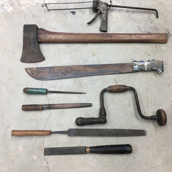 Antique Work Tools, Hand Drill, Files, Lightweight Ax, Vintage Caulk Gun, Machete