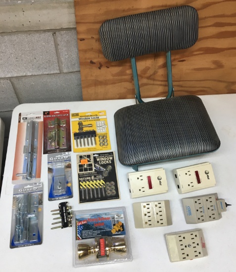 Vtg Frabill Mfg. Co. Boat Seat, Heavy Duty Bolt Gate Latch, Window Locks, Door Knob Extended Outlet