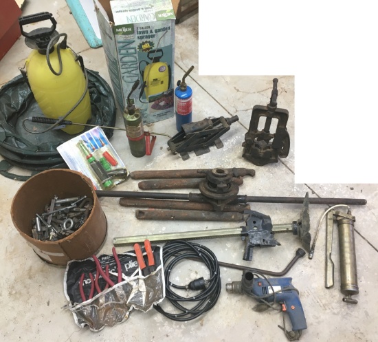 Garden Sprayer, Jack, Drill, Grease Gun, Window Weights, Pliers, Bucket Of Misc Smalls And More