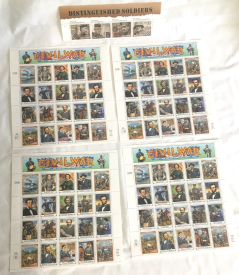 4 Sheets Civil War 1004 & Distinguished Soldiers USPS Stamps