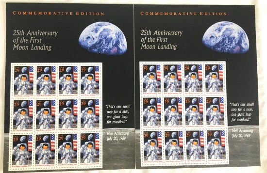 25th Anniversary Of The First Moon Landing 2 Full Sheets USPS Stamps