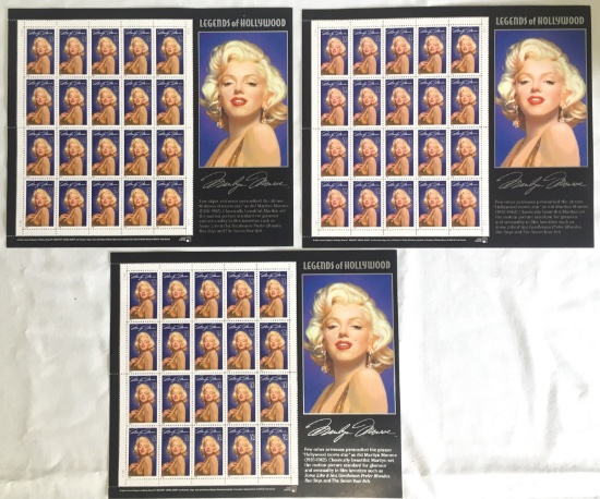 3 Full Sheets Of Stamps Marilyn Monroe 1995 Legends Of Hollywood USPS Stamps