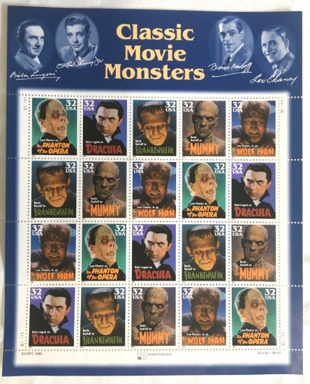 USPS Full Sheet Stamps 1996 Classic Movie Monsters 1996