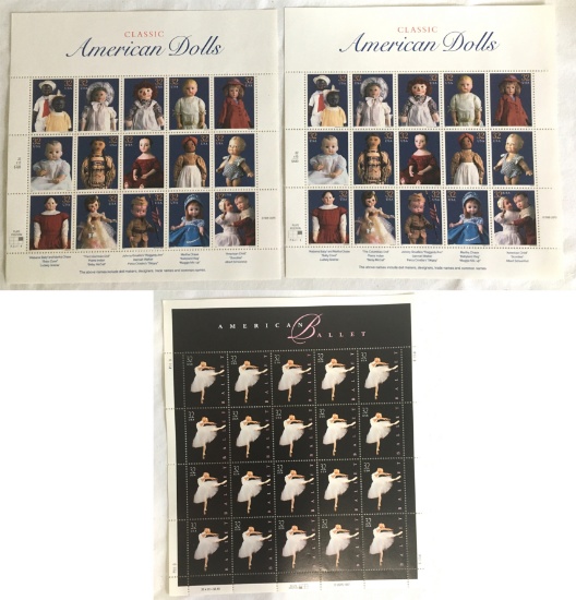 3 Sheets Of Stamps - 2 American Dolls 1996 - 1 American Ballet 1997 USPS Stamps
