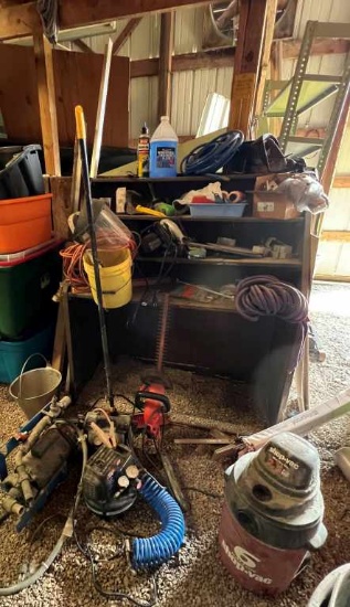 Shelf w/Tools & Contents Air Compressor Shop Vac &