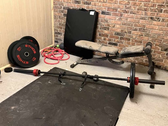 Weight Bench & Various Weights & Exercise Equipmen