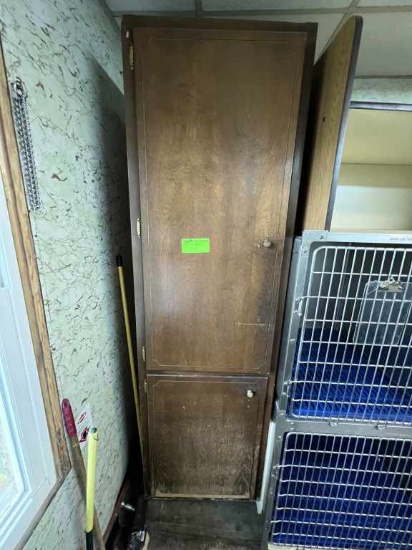 Wooden Cabinet w/Contents Cleaning Supplies