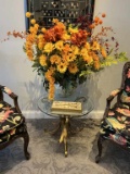 Glass Top Gold Side Table, Vase & Flowers W/Tissue