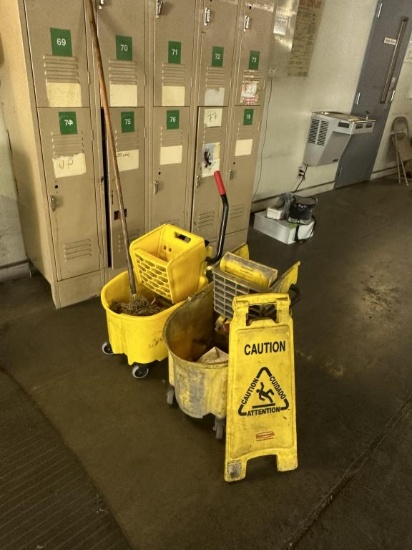 Mop Buckets w/ Wringers + Mops and Wet Floor Sign