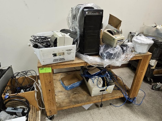 Wooden Cart with Misc. Electronics, Cables, More