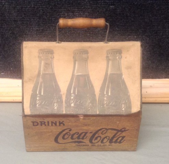 Early Coca-Cola Six Bottle Wooden Carry Tray with canvas sides and original stencil