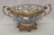 Blue decorated Porcelain Bowl on brass feet with brass trim 8 by 13